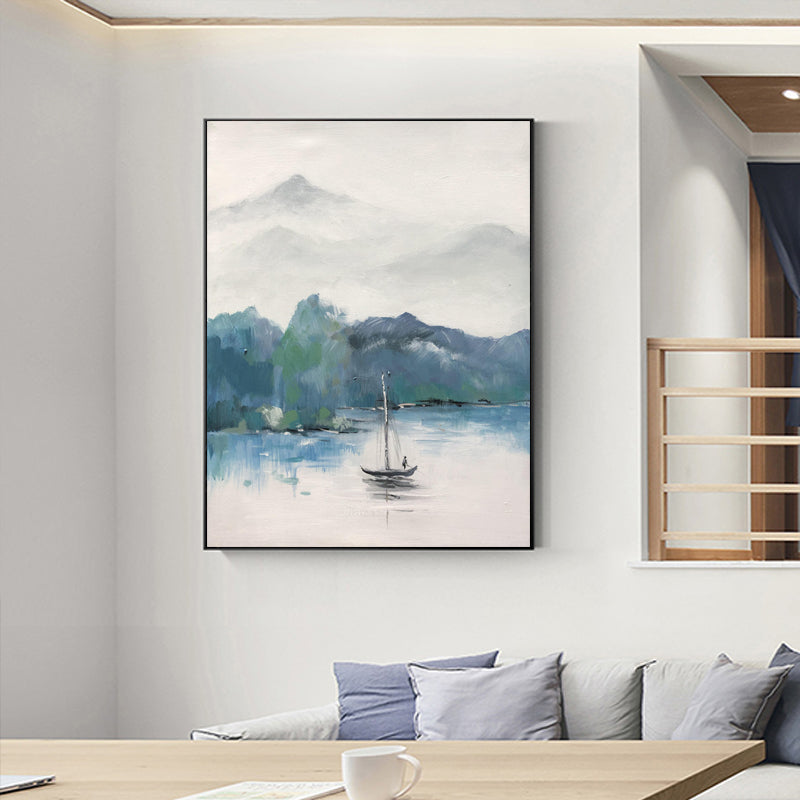 Tranquil Waters: Serene Landscape Oil Painting of Mountains and Sailboat