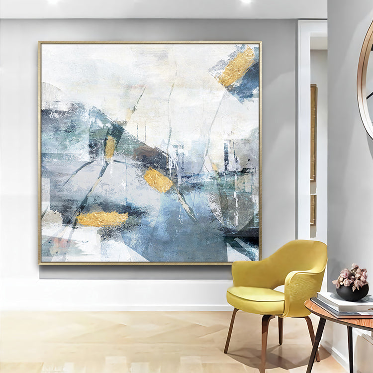 Captivating Abstract Oil Painting with Gold Accents and Blue Hues for Modern Decor