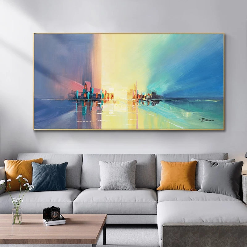 Abstract Cityscape Oil Painting: Vibrant Future Horizon in Colorful Blues and Yellows