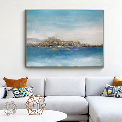 Tranquil Coastal View: Serene Oil Painting of Landscapes and Blue Waters