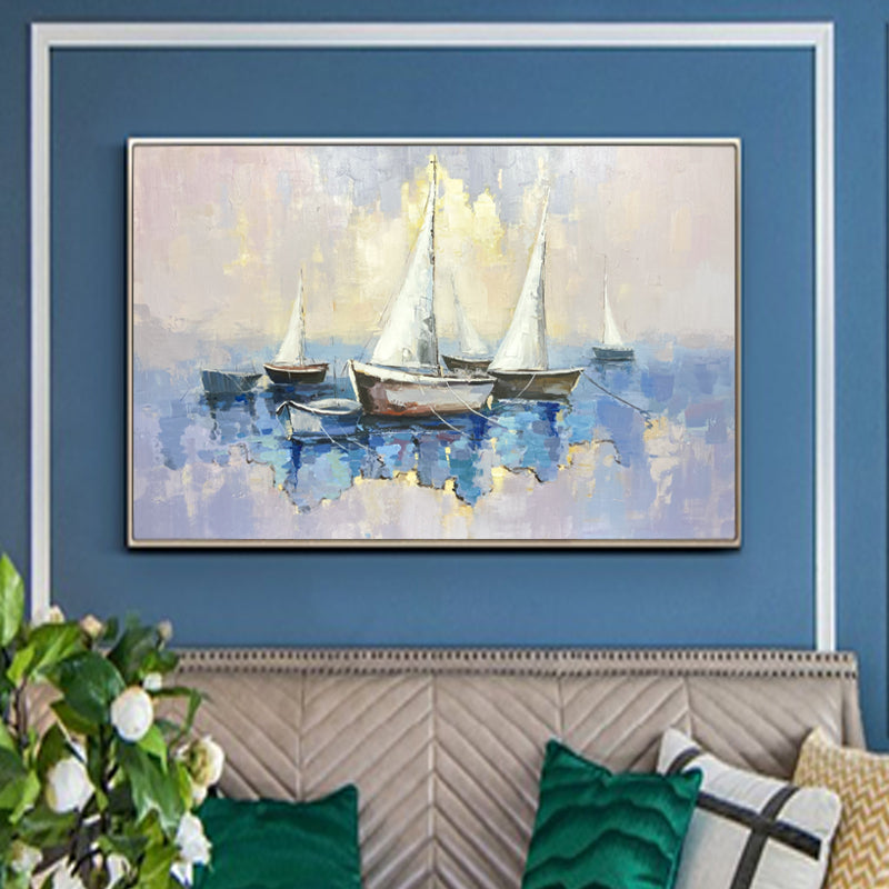 Sailing Serenity: Tranquil Oil Painting of Boats on a Blue Sea