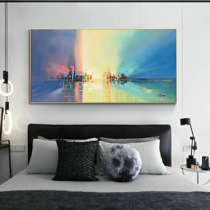 Abstract Cityscape Oil Painting: Vibrant Future Horizon in Colorful Blues and Yellows