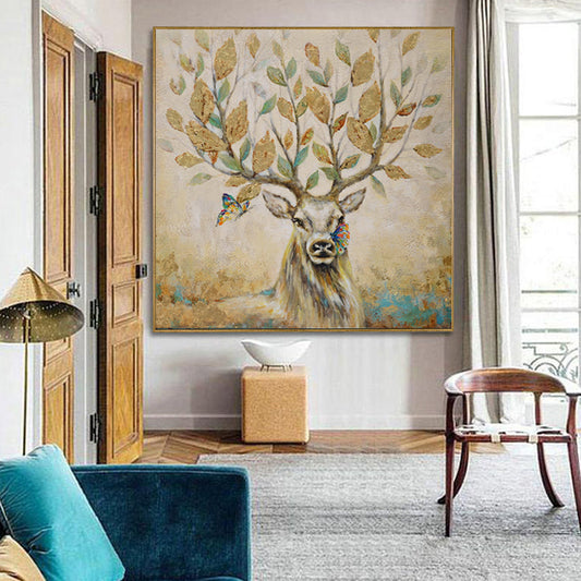 Majestic Stag with Butterflies and Leafy Antlers - Nature-Inspired Oil Painting