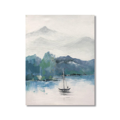 Tranquil Waters: Serene Landscape Oil Painting of Mountains and Sailboat