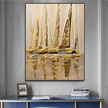 Golden Reflections: Elegant Sailboats in a Serene Seascape Oil Painting