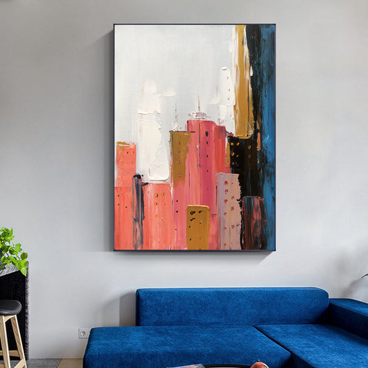 Vibrant Abstract Urban Landscape Oil Painting in Pink and Gold Tones