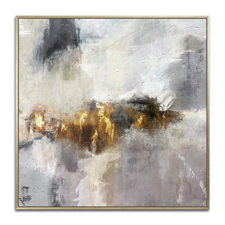 Abstract Oil Painting of Dreamy Landscapes in Soft Gray and Gold Tones