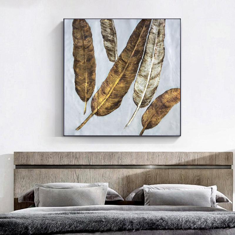 Elegant Golden Feathers: Serenity and Nature in Oil Painting Art