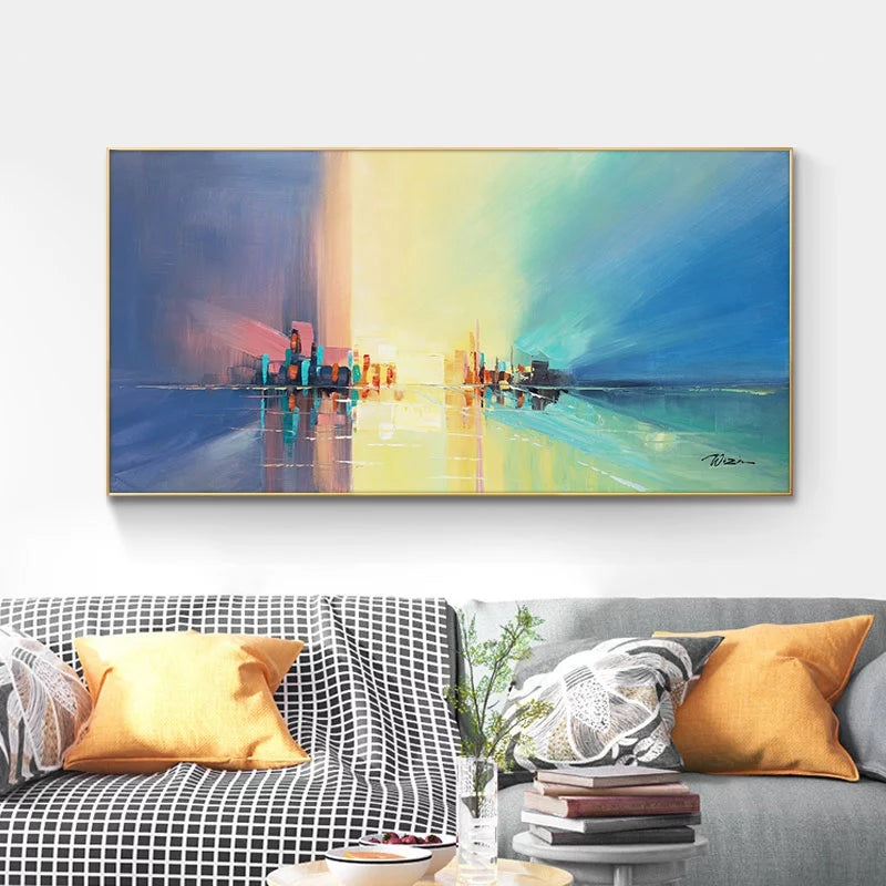 Abstract Cityscape Oil Painting: Vibrant Future Horizon in Colorful Blues and Yellows