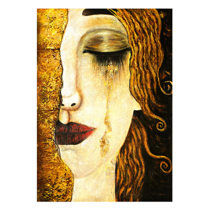 Elegant Oil Painting of a Somber Woman with Golden Tones and Emotional Depth
