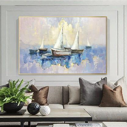 Sailing Serenity: Tranquil Oil Painting of Boats on a Blue Sea