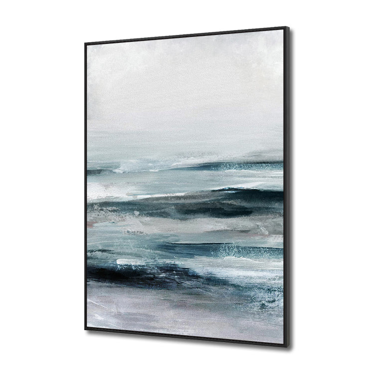 Emotive Abstract Oil Painting of Tranquil Ocean Waves in Serene Blue Tones