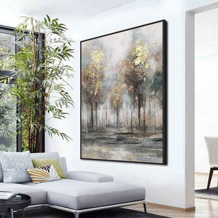 Golden Autumn Forest: Serene Oil Painting for Elegant Home Décor