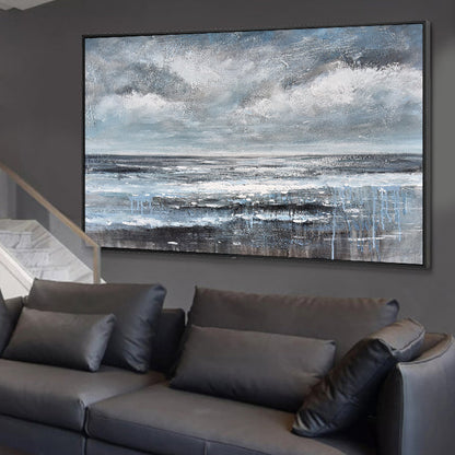 Serene Coastal Landscape in Blue and Gray Oil Painting for Modern Decor