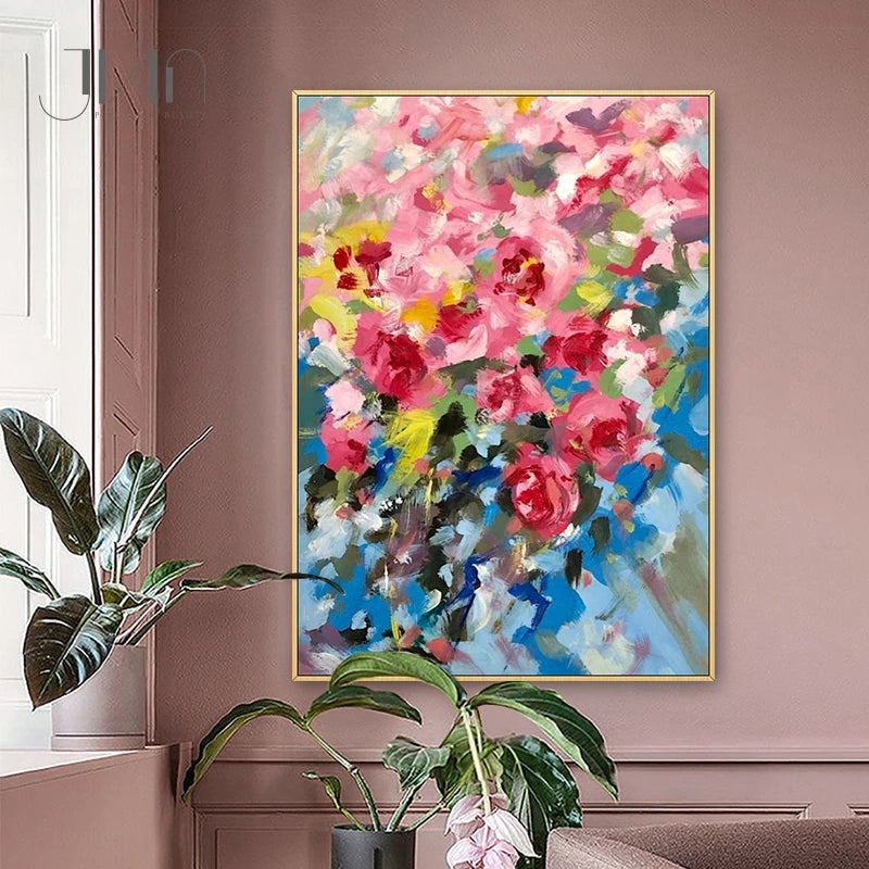 Vibrant Floral Celebration: Colorful Roses in Bloom Oil Painting for Home Décor