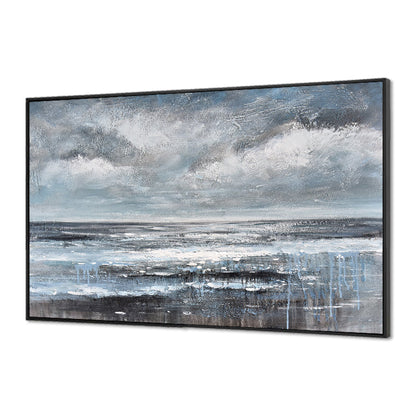 Serene Coastal Landscape in Blue and Gray Oil Painting for Modern Decor