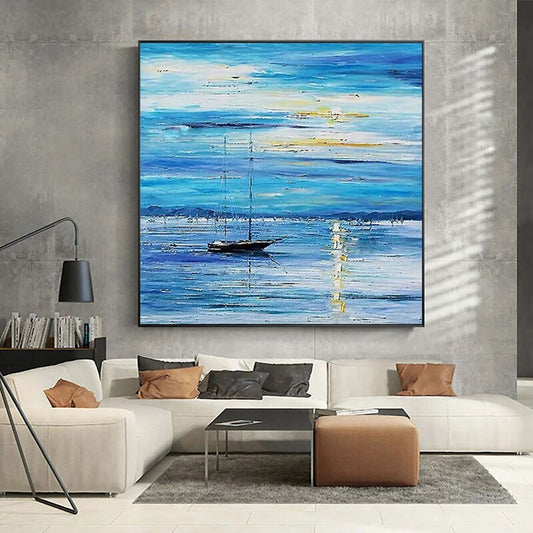 Tranquil Sailboat Journey Across Serene Ocean Waves in Blue Hue