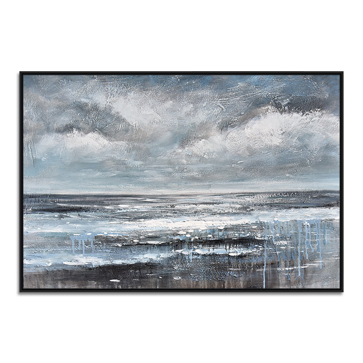 Serene Coastal Landscape in Blue and Gray Oil Painting for Modern Decor