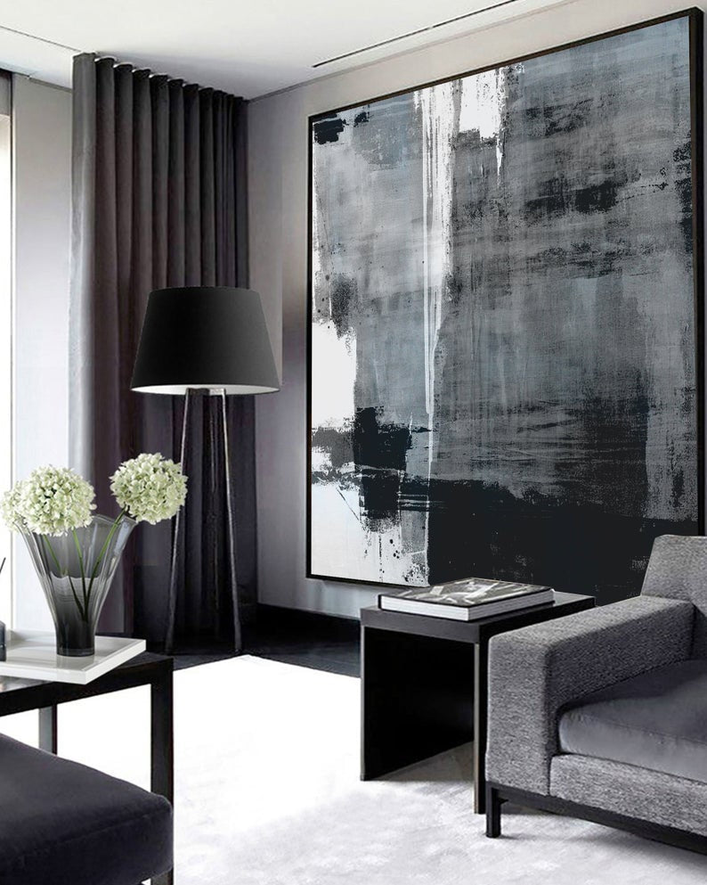 Abstract Gray and Black Oil Painting for Modern Home Décor