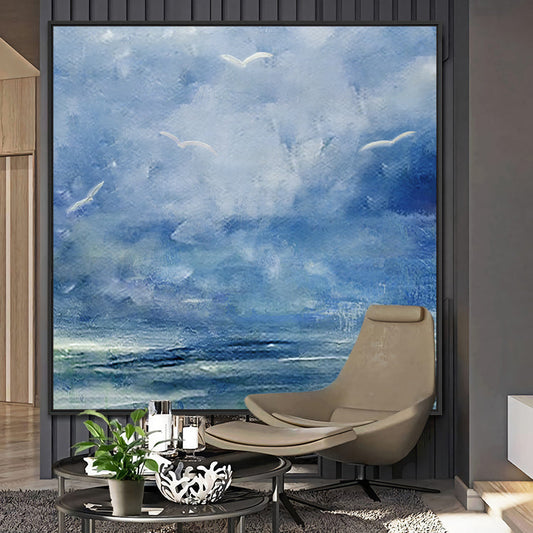 Serene Blue Sky with Flying Birds - Abstract Oil Painting for Tranquil Spaces