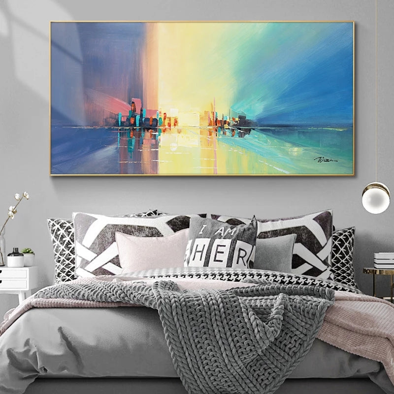 Abstract Cityscape Oil Painting: Vibrant Future Horizon in Colorful Blues and Yellows