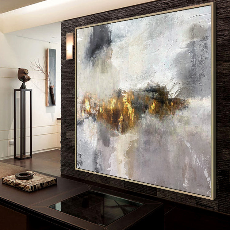 Abstract Oil Painting of Dreamy Landscapes in Soft Gray and Gold Tones