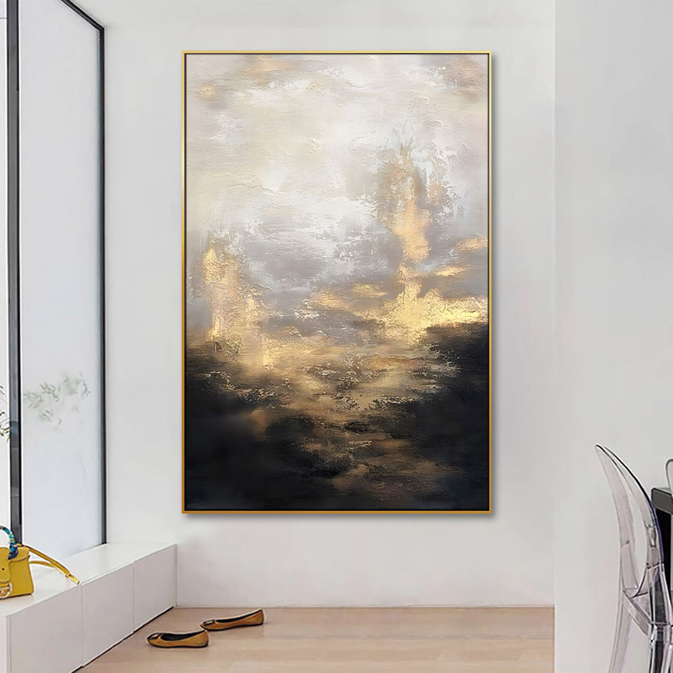 Golden Horizon: Abstract Oil Painting for Elegant Home Decor