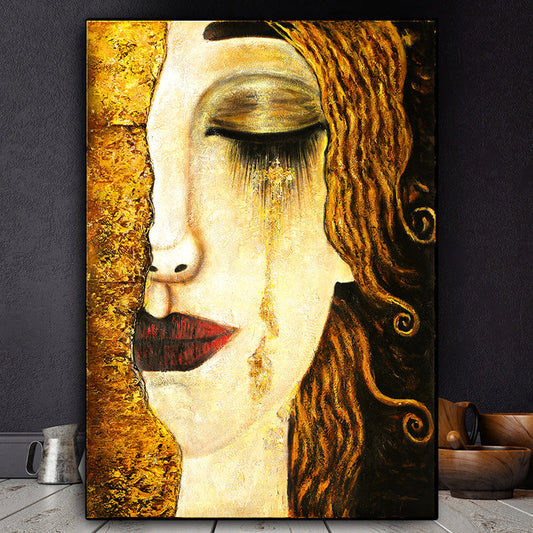 Elegant Oil Painting of a Somber Woman with Golden Tones and Emotional Depth