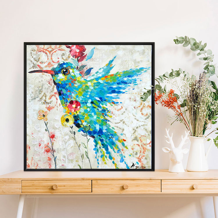 Vibrant Hummingbird in Bloom - Colorful Oil Painting for Bright Home Decor