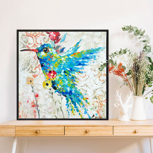 Vibrant Hummingbird in Bloom - Colorful Oil Painting for Bright Home Decor
