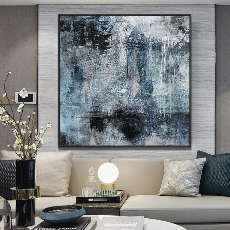 Abstract Blue and Gray Oil Painting for Modern Home Decor