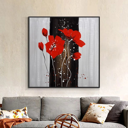 Vibrant Red Flowers on Elegant Black and White Background – Modern Art Decor