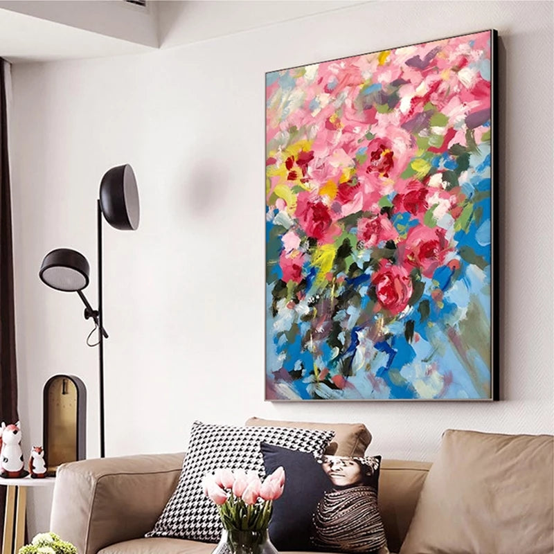 Vibrant Floral Celebration: Colorful Roses in Bloom Oil Painting for Home Décor