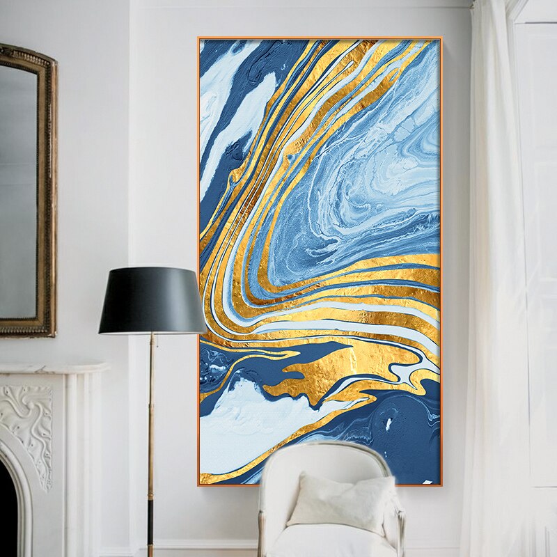 Serene Glacier Waves: Elegant Blue and Gold Abstract Oil Painting for Modern Decor