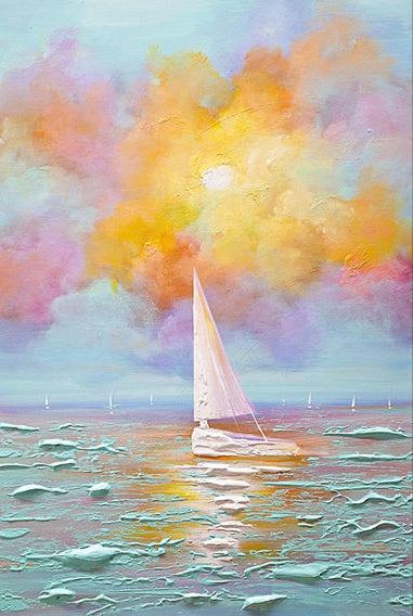 Serene Sailing: Vibrant Ocean Sunset Oil Painting for Coastal Home Decor