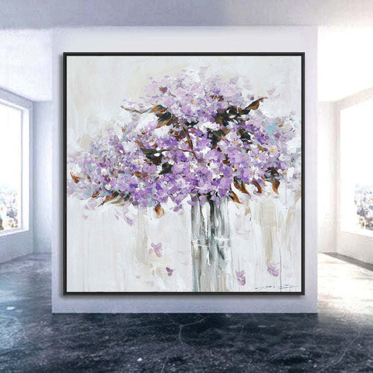 Charming Lavender Blooms in Elegant Glass Vase - Serene Floral Oil Painting