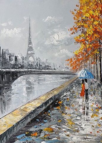 Romantic Parisian Evening with Umbrella - Elegant Oil Painting for Home Decor