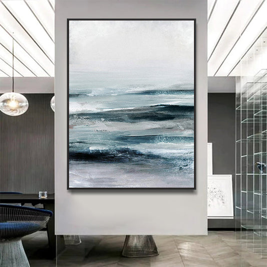 Emotive Abstract Oil Painting of Tranquil Ocean Waves in Serene Blue Tones
