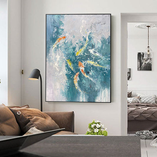 Vibrant Koi Fish Swimming in Tranquil Waters Oil Painting for Home Decor