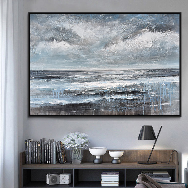 Serene Coastal Landscape in Blue and Gray Oil Painting for Modern Decor