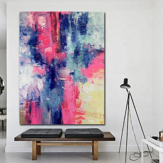 Vibrant Pink and Blue Abstract Oil Painting for Modern Home Decor