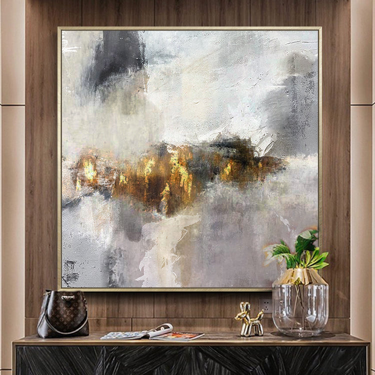 Abstract Oil Painting of Dreamy Landscapes in Soft Gray and Gold Tones