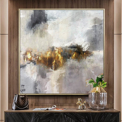 Abstract Oil Painting of Dreamy Landscapes in Soft Gray and Gold Tones
