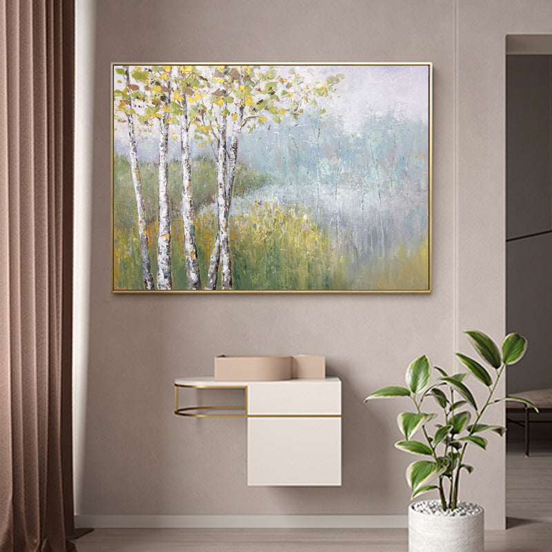 Serene Birch Trees by Tranquil Lake ‚Äì Elegant Oil Painting for Home Decor