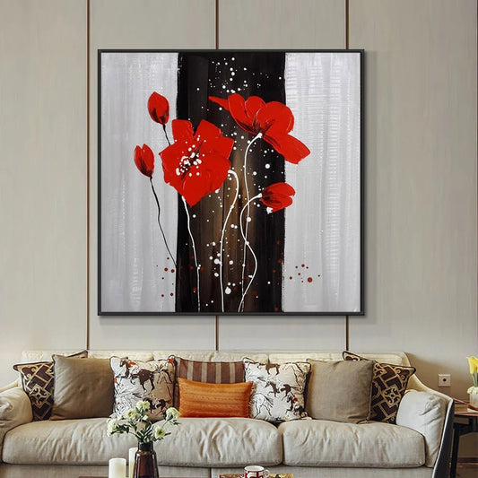 Vibrant Red Flowers on Elegant Black and White Background – Modern Art Decor