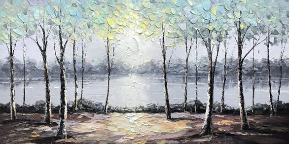Serene Landscape with Birch Trees and Reflections - Nature Oil Painting Art