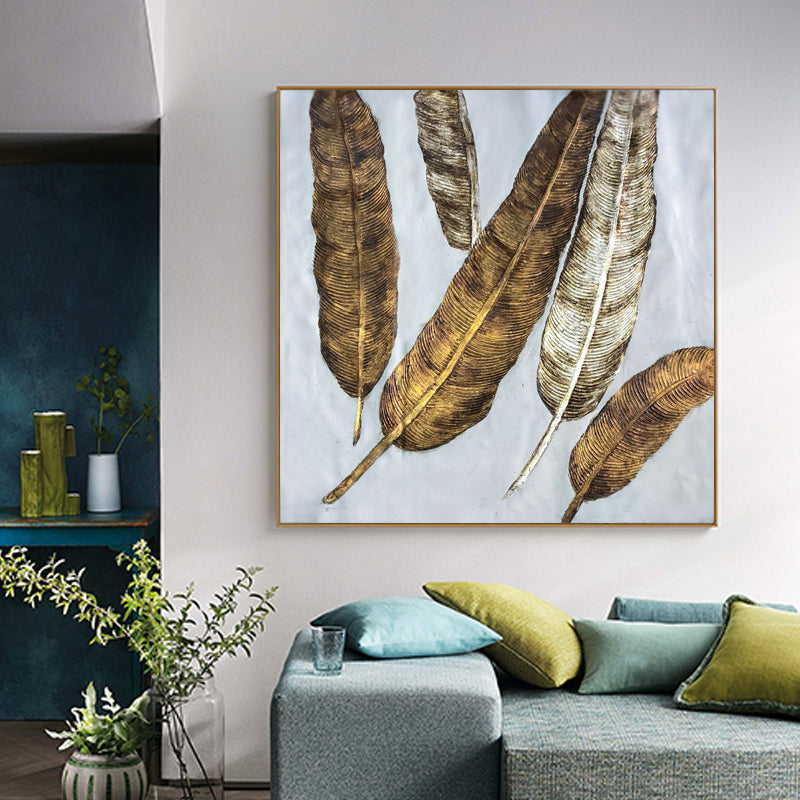 Elegant Golden Feathers: Serenity and Nature in Oil Painting Art