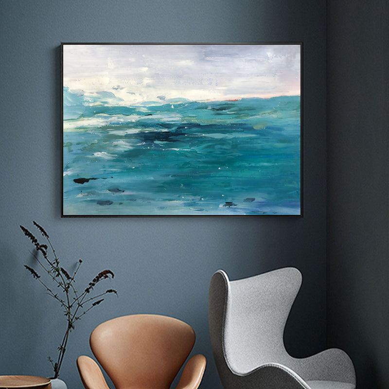 Serene Ocean Waves in Vibrant Turquoise Oil Painting for Coastal Home Decor