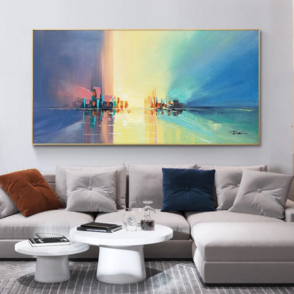 Abstract Cityscape Oil Painting: Vibrant Future Horizon in Colorful Blues and Yellows