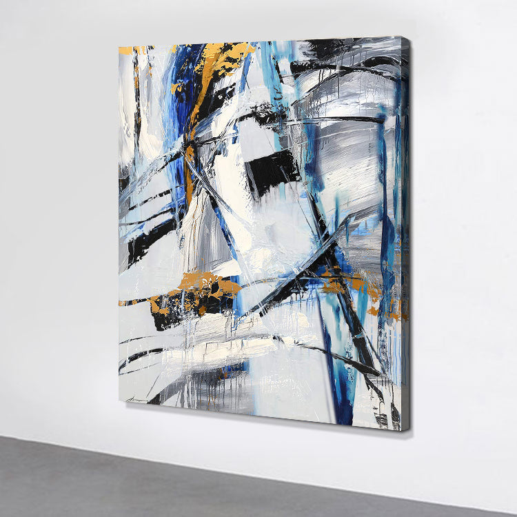 Dynamic Abstract Oil Painting in Bold Blues and Golds for Modern Home Decor